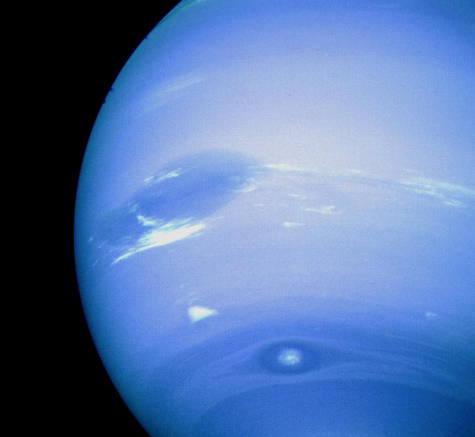 Neptune showing the Great Dark Spot, reconstructed from two Voyager 2 images